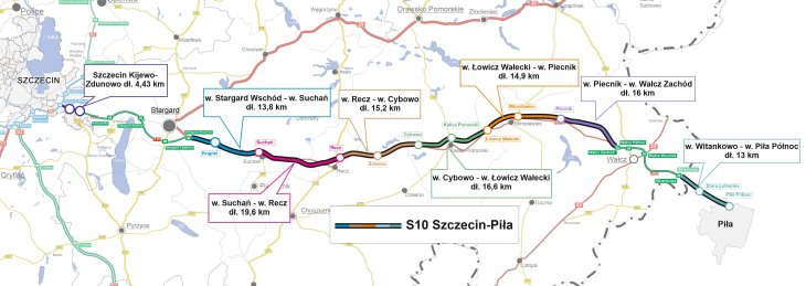 Mapa odcinków drogi S10 Szczecin–Piła. Źródło: GDDKiA